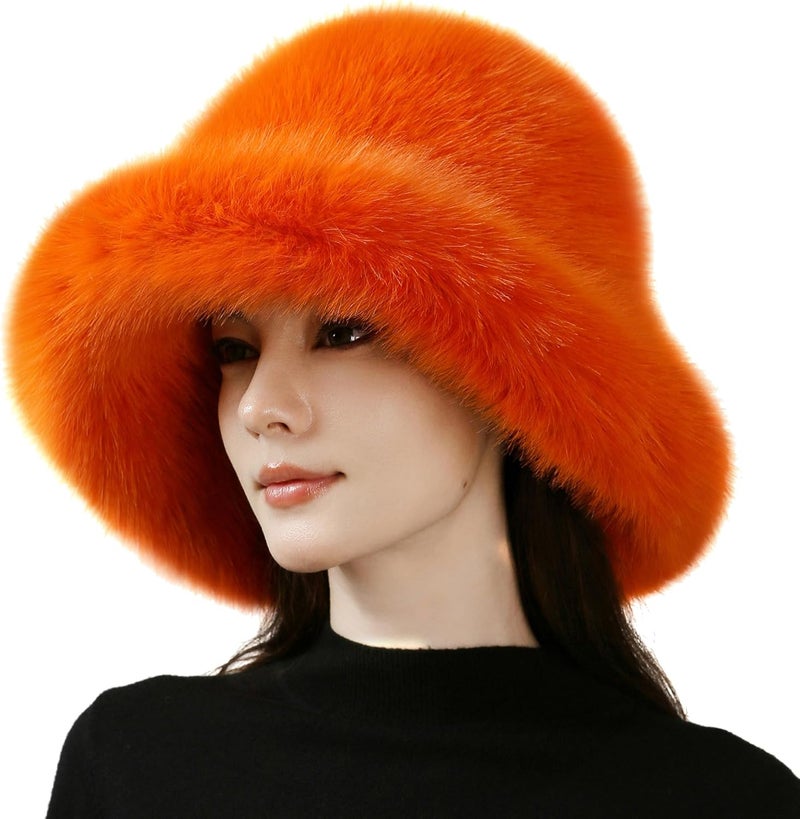 Luxury Faux Fur Bucket Hat for Women Girl – Oversized Brim, Super Soft & Fluffy Winter Hat, Cozy Fur-Like Beanie